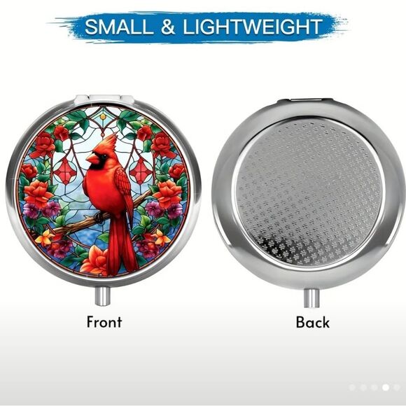 Red Cardinal Bird Pill Box Medicine Mini Stainless Steel Case Mirrored Travel - Picture 7 of 7